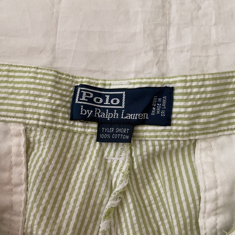 Polo Ralph Lauren Tyler Short Mens 33 Green White Striped Seersucker Pleated VTG - Picture 8 of 11